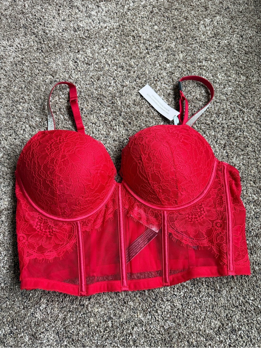 Victoria’s Secret Very Sexy Red Lace Push-Up Corset Rhinestone Straps NWT 36C